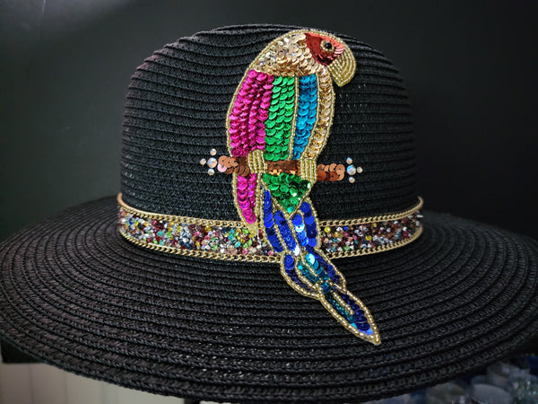 Panama Style Hat with Sequined Parrot
