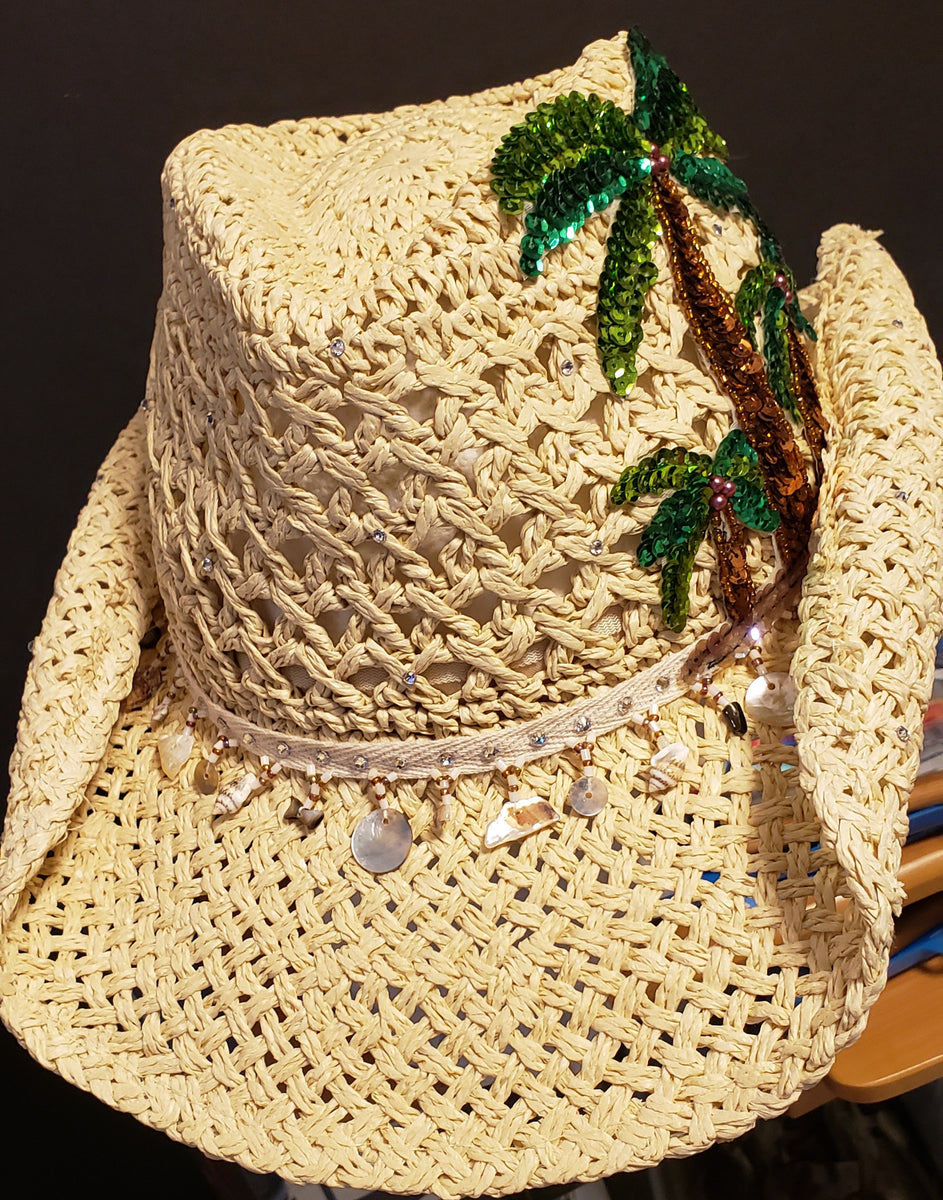 Western Style Summer Hat with Palm Trees and Sea Shell trim