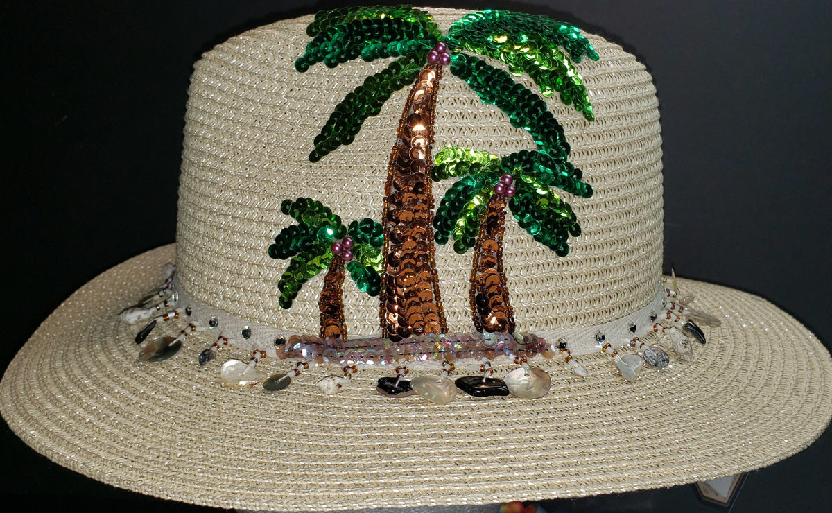 Panama Style Summer Hat with Palm Trees and Sea Shell trim – HatLadyBling