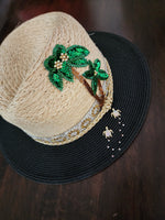 Natural Raffia Panama Style Hat with Sea Turtles and Palm Tree