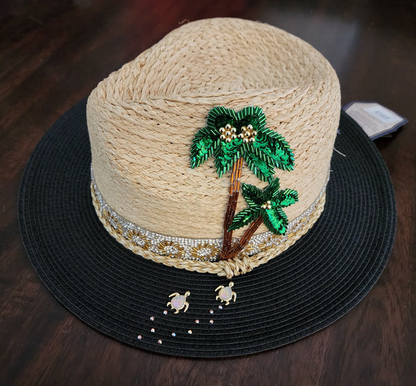 Natural Raffia Panama Style Hat with Sea Turtles and Palm Tree