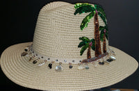 Panama Style Summer Hat with Palm Trees and Sea Shell trim